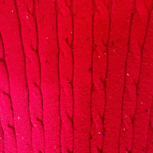Large Red Cable Knit Sweater, Kim Rogers w/ pretty rainbow flecks in fabric - Picture 2 of 6